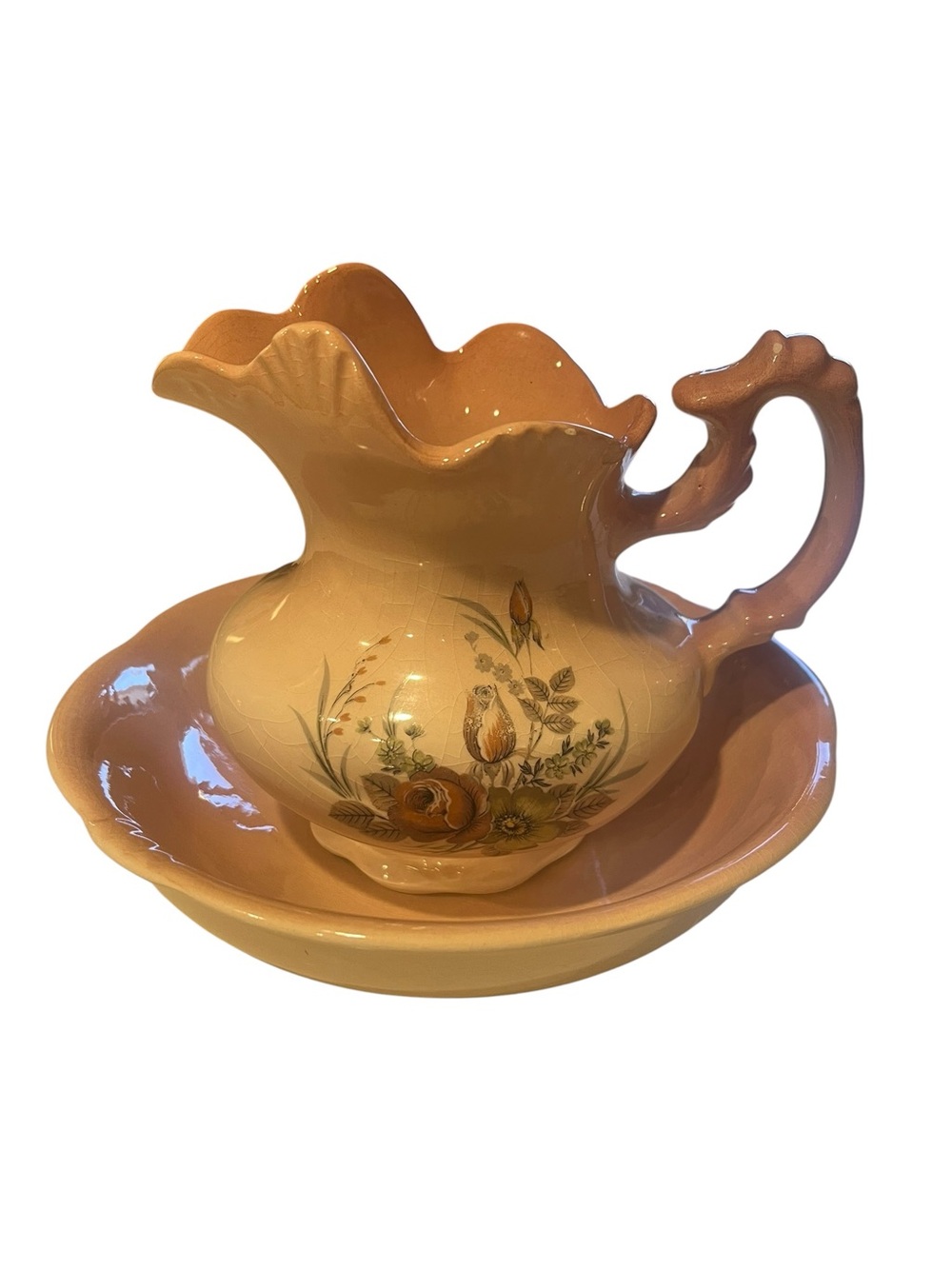 Arnel’s Vintage Floral Ceramic Pitcher and Basin Set - Peach